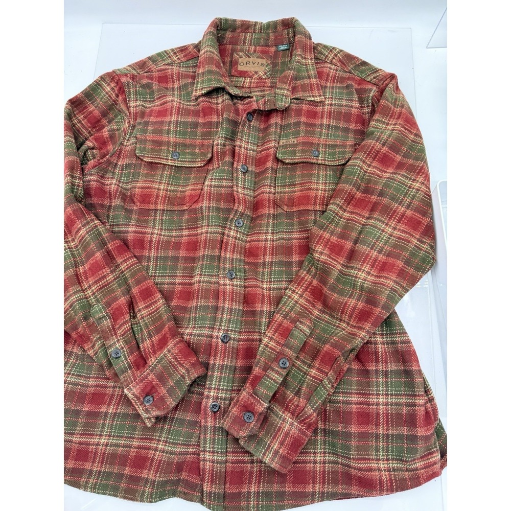 Orvis Large Flannel Button Down Red Green Plaid Workwear Shirt Cabin Classic - Picture 2 of 12